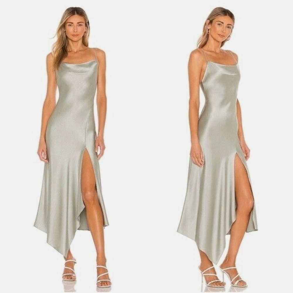ALICE + OLIVIA Harmony Asymmetrical Midi Dress in white satin